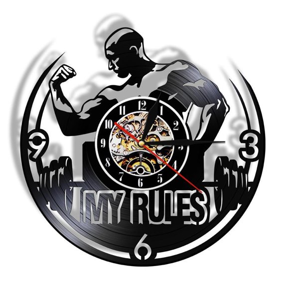 My Rule Motivational Quote Wall Art GYM Wall Clock Muscle Man Weighting Vinyl Record Wall Clock Fitness Center Decorative Clock Without LED