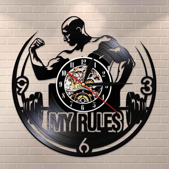 My Rule Motivational Quote Wall Art GYM Wall Clock Muscle Man Weighting Vinyl Record Wall Clock Fitness Center Decorative Clock