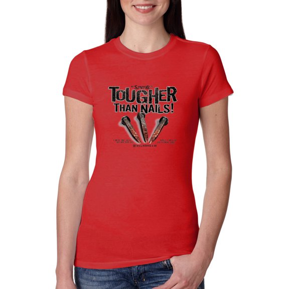 My Savior is Tougher than Nails Bible Verse | Female Inspirational/Christian Slim Fit Junior Tee, Red, Medium