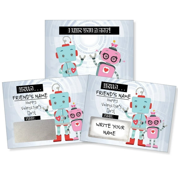 My Scratch Offs Valentine's Day 'I Like You a Bot!' Robot Scratch-off Note Cards & Stickers, Silver, 25 Count