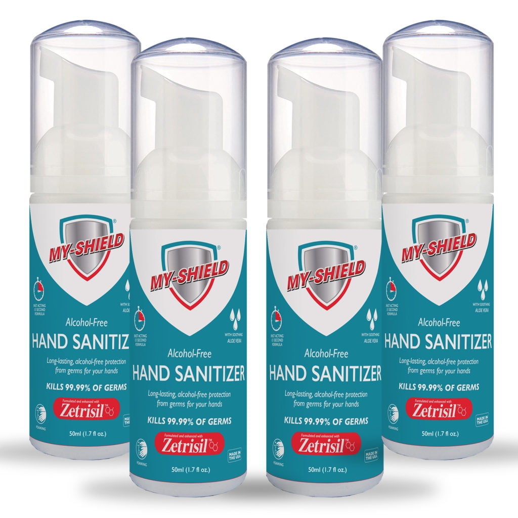 My-Shield Hand Sanitizer Foam 1.7 oz (4 pack). Long-lasting protection. Softens hands with Aloe Vera. Formulated with Zetrisil. Alcohol FREE. (E-1005-01-X4)