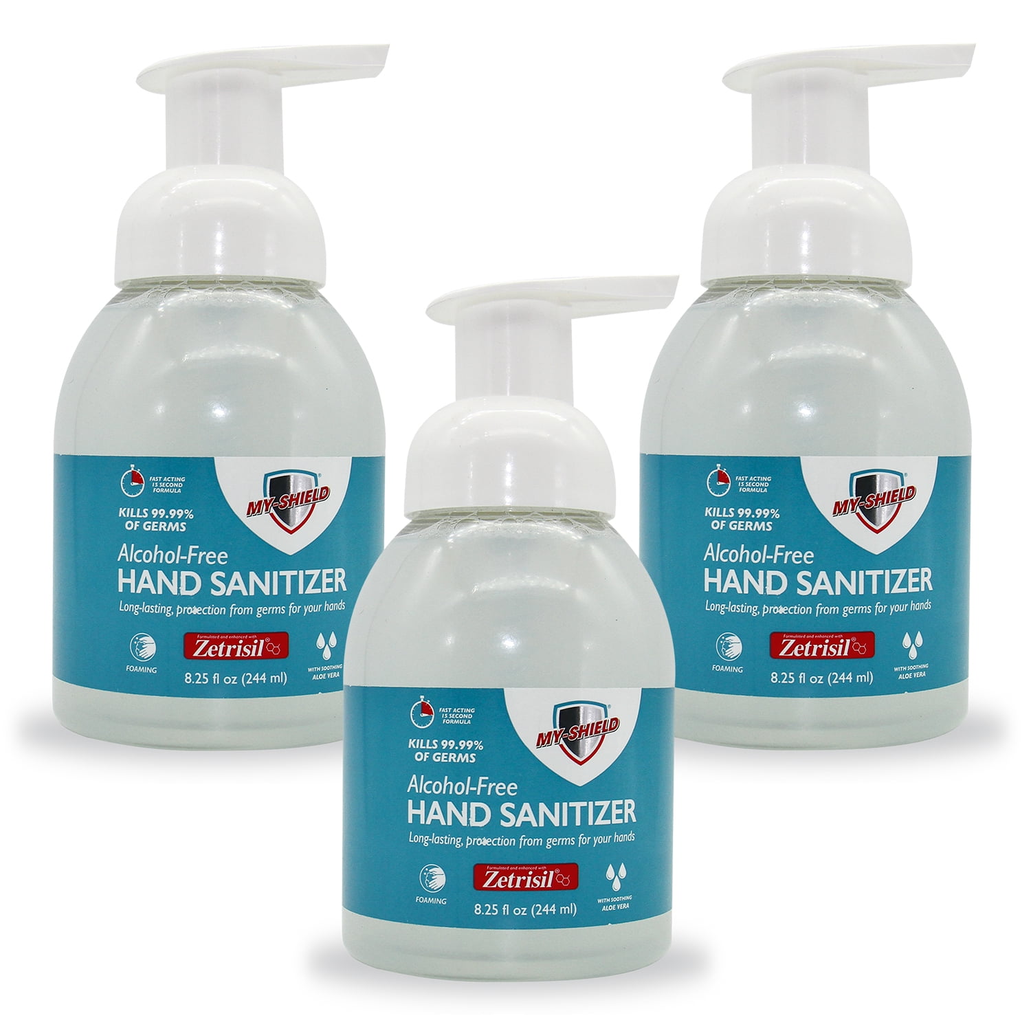 My-Shield Hand Sanitizer Foam 8.25 oz (3 pack). Long-lasting protection. Softens hands with Aloe Vera. Formulated with Zetrisil. Alcohol FREE. (E-1005-05-X3)