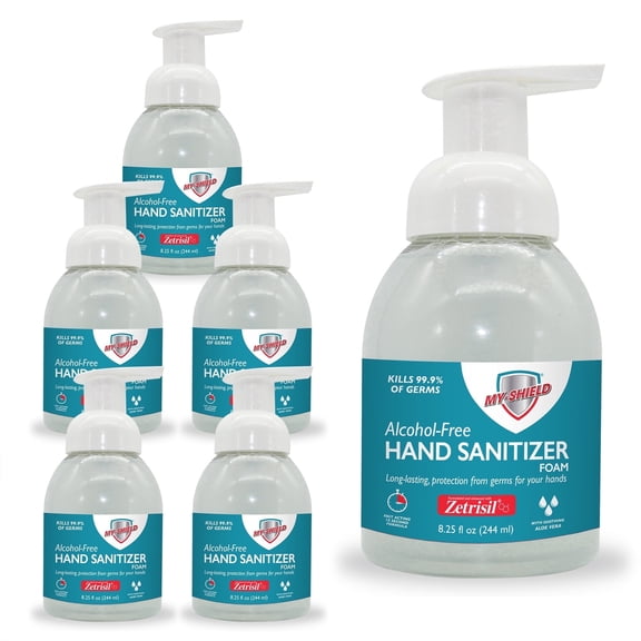 My-Shield Hand Sanitizer Foam 8.25 oz (6 pack). Long-lasting protection. Softens hands with Aloe Vera. Formulated with Zetrisil. Alcohol FREE. (E-1005-05-X6)