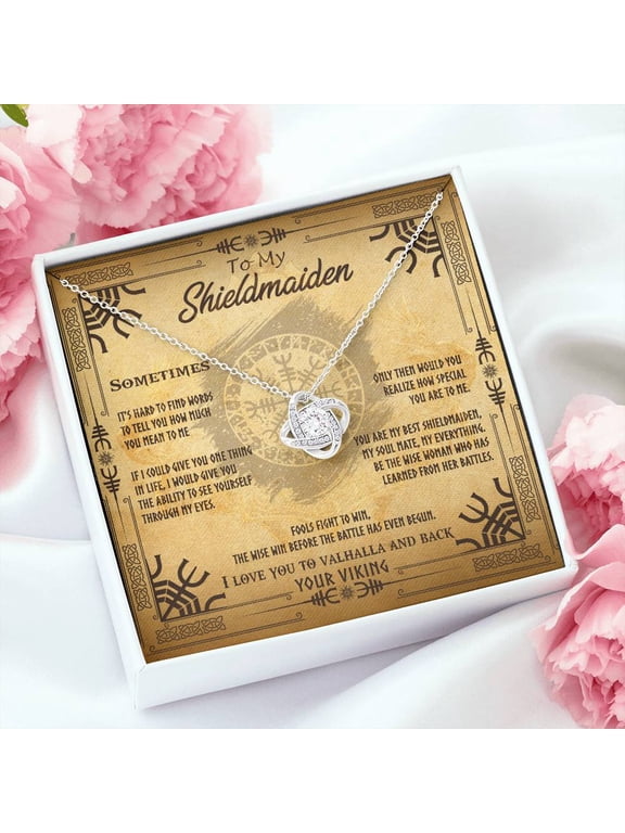 My Shieldmaiden I Love You To Valhalla And Back, Beautiful Necklace, Message Card and Box, Gold Love Knot Necklace