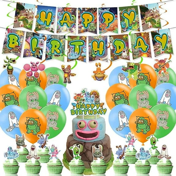 My Singing Monster Party Decoration Set,Party Favors Balloons Cake Topper Banner Swirl Decoration,Birthday Party Supplies