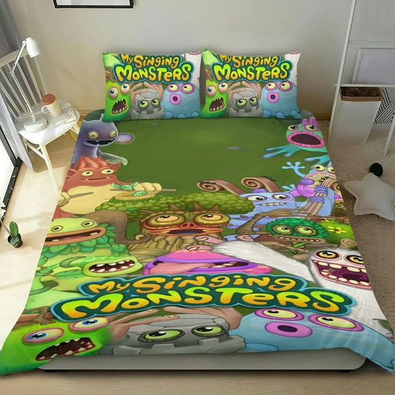 My Singing Monster Themed Bed Sheet Set Three Piece Set 53x79 Inches Comfortable And Skin Friendly Unique Design Creating A Star Studded Night