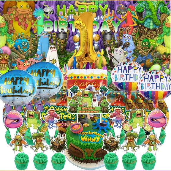 My Singing Monsters 1st Tableware Balloons Cake Toppers Backdrop Banner Supplies Party Decor Plates Decorations