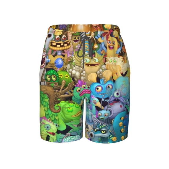 My Singing Monsters Game Boy's Board Shorts Teen Swim Trunks Drawstring Quick Dry Beach Shorts Summer Swimsuits with Mesh Lining and Pockets