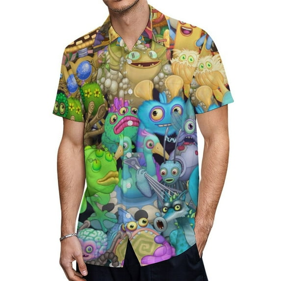 My Singing Monsters Game Men's Casual Button-Down Shirts Summer Short Sleeve Tee Shirt Daily Hawaiian Beach Shirt Top With Pocket