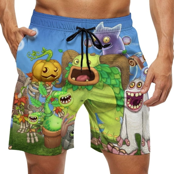My Singing Monsters Men's Swim Trunks Board Shorts Drawstring Elastic Waist Quick Dry Swimsuits Beach Shorts with Pockets S