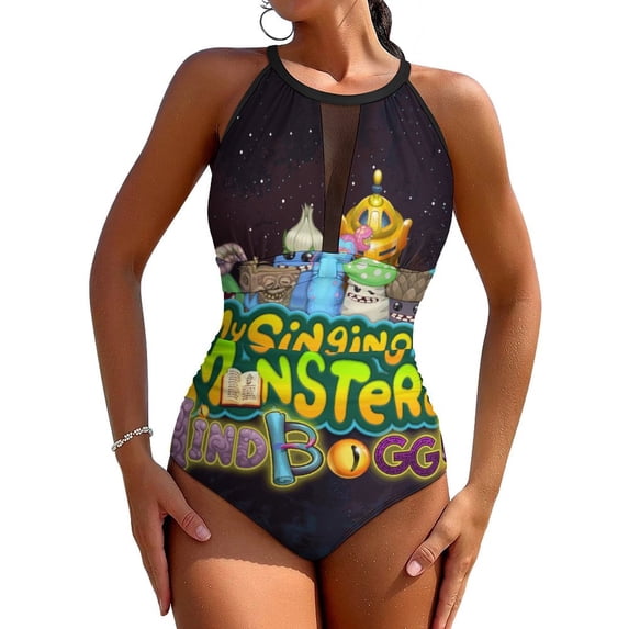 My Singing Monsters One-Piece Swimwear Sexy Mesh Monokini Swimsuit with Detachable Padding Bathing Suit Swimdress 2XL