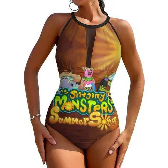My Singing Monsters One-Piece Swimwear Sexy Mesh Monokini Swimsuit with Detachable Padding Bathing Suit Swimdress S