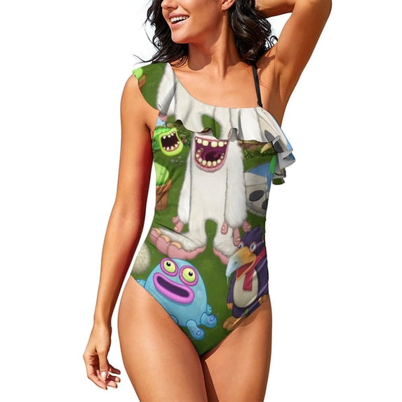 My Singing Monsters Women's One Piece Swimsuits Ruffle Swimwear Bathing Suits Tummy Control Swim Suit S