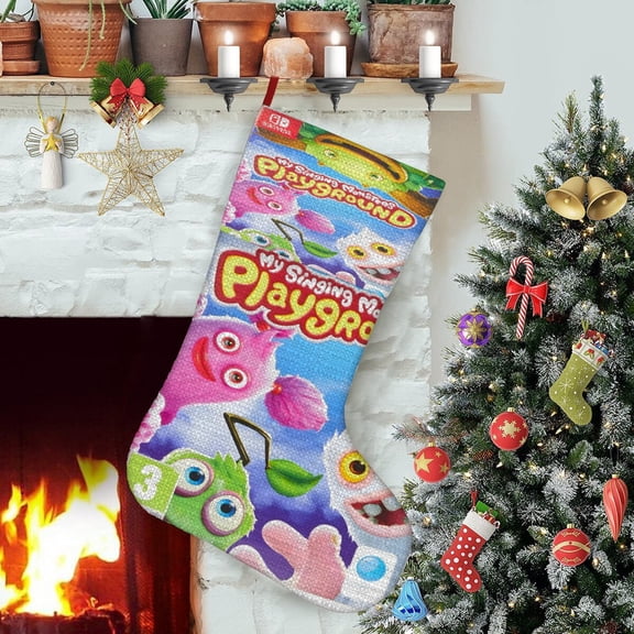 My Singing Monsters-theme Christmas StockingsFine white linen for Stairs Fireplace Hanging Xmas Home Decor Christmas gift17.7"X12.6"(45cm32cm)