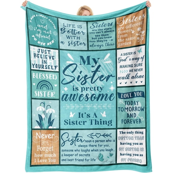 My Sister Is Pretty Awesome Teal Collage Throw Blanket Soft Plush Fleece with Quotes for Sentimental Gift