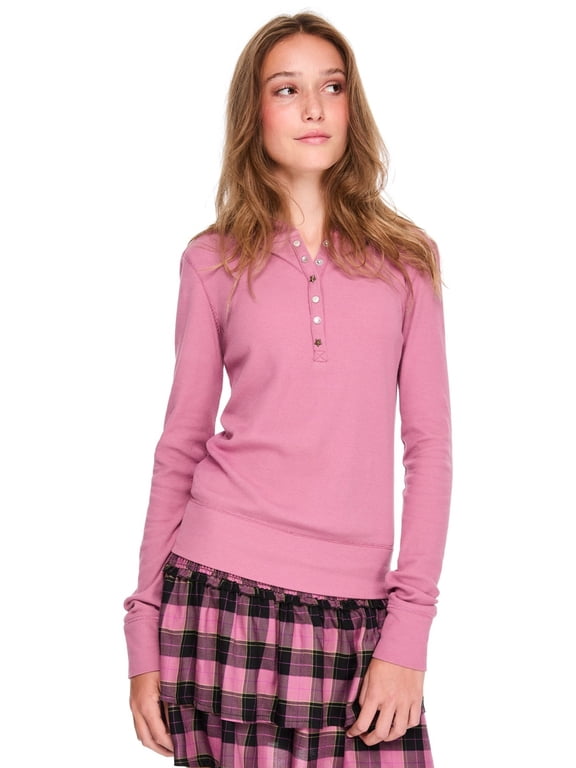 Girls & Teens Long Sleeve Hooded Snap Henley Tee - Size: S-XXL