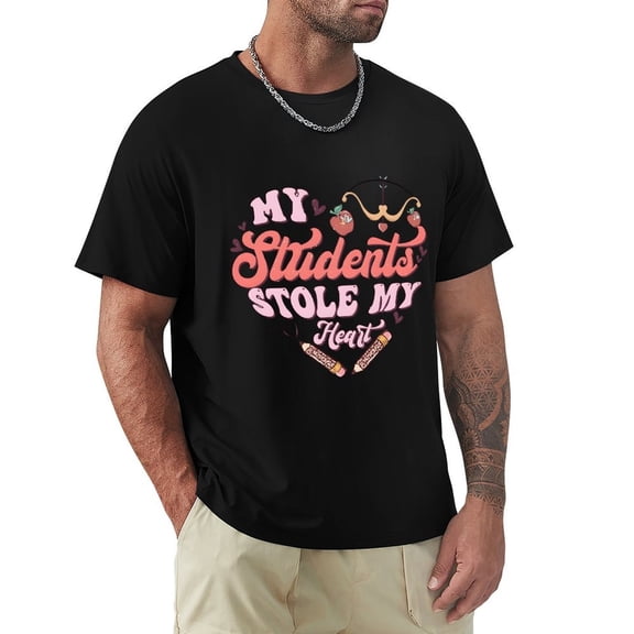 My Students Stole My Heart Men's Cotton HD Print Short Sleeve T-Shirt Crew Neck Top Black 3XL