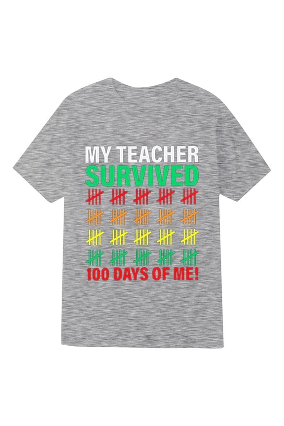 My Teacher Survived 100 Days Of Me Printed Short Sleeve Crew Neck T-Shirt Kids' T-Shirt Top Grey 10 Y-11 Y