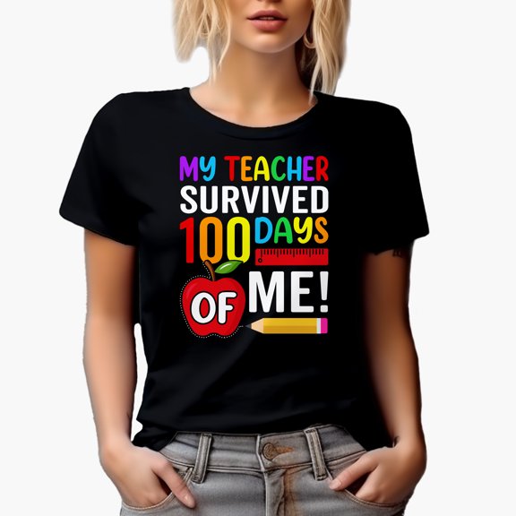 My Teacher Survived 100 Days of Me, Funny Last Day of School, Student, Black T-Shirt, 3XL