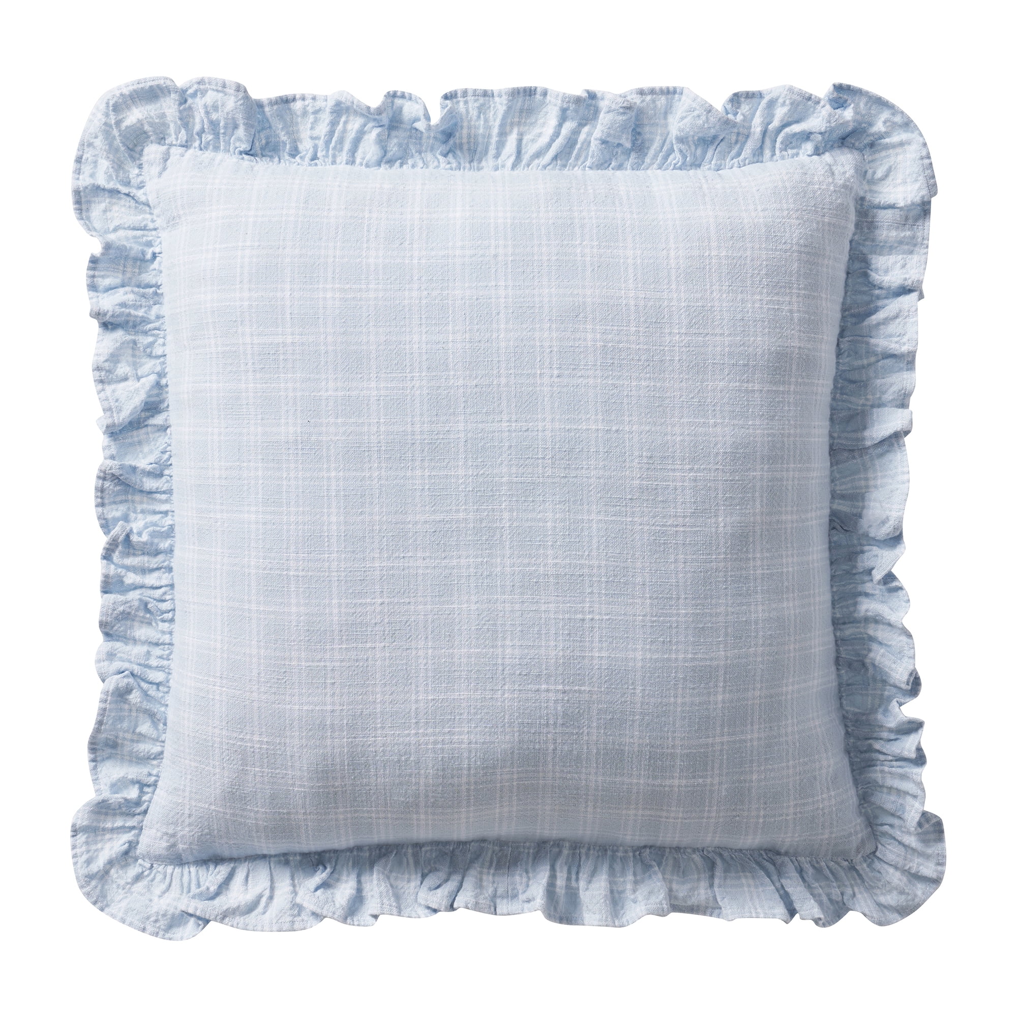 My Texas House 18" x 18" Blue Ruffle Plaid Cotton Decorative Pillow