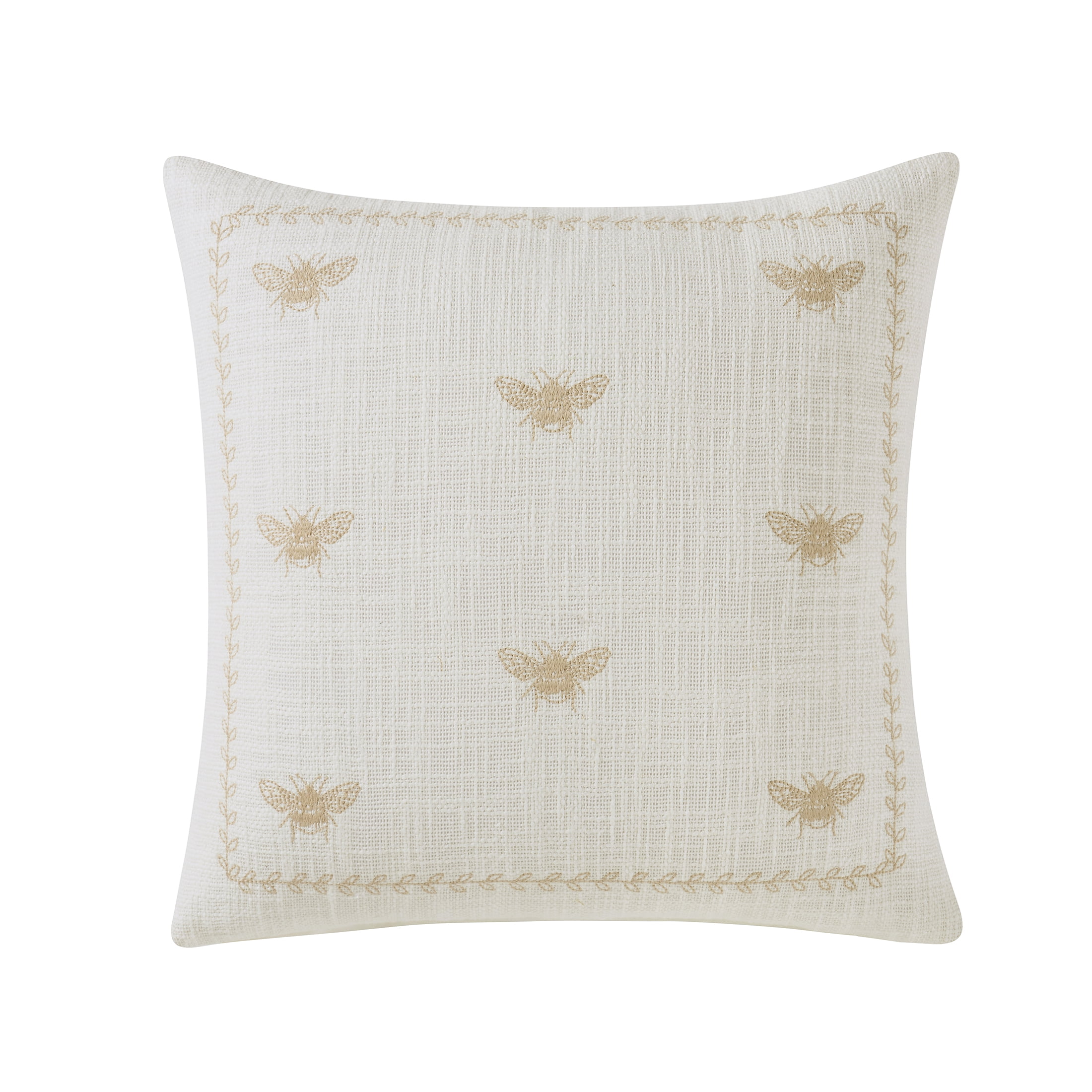 My Texas House 18" x 18" Embroidered Bee Ivory Cotton Slub Decorative Pillow Cover