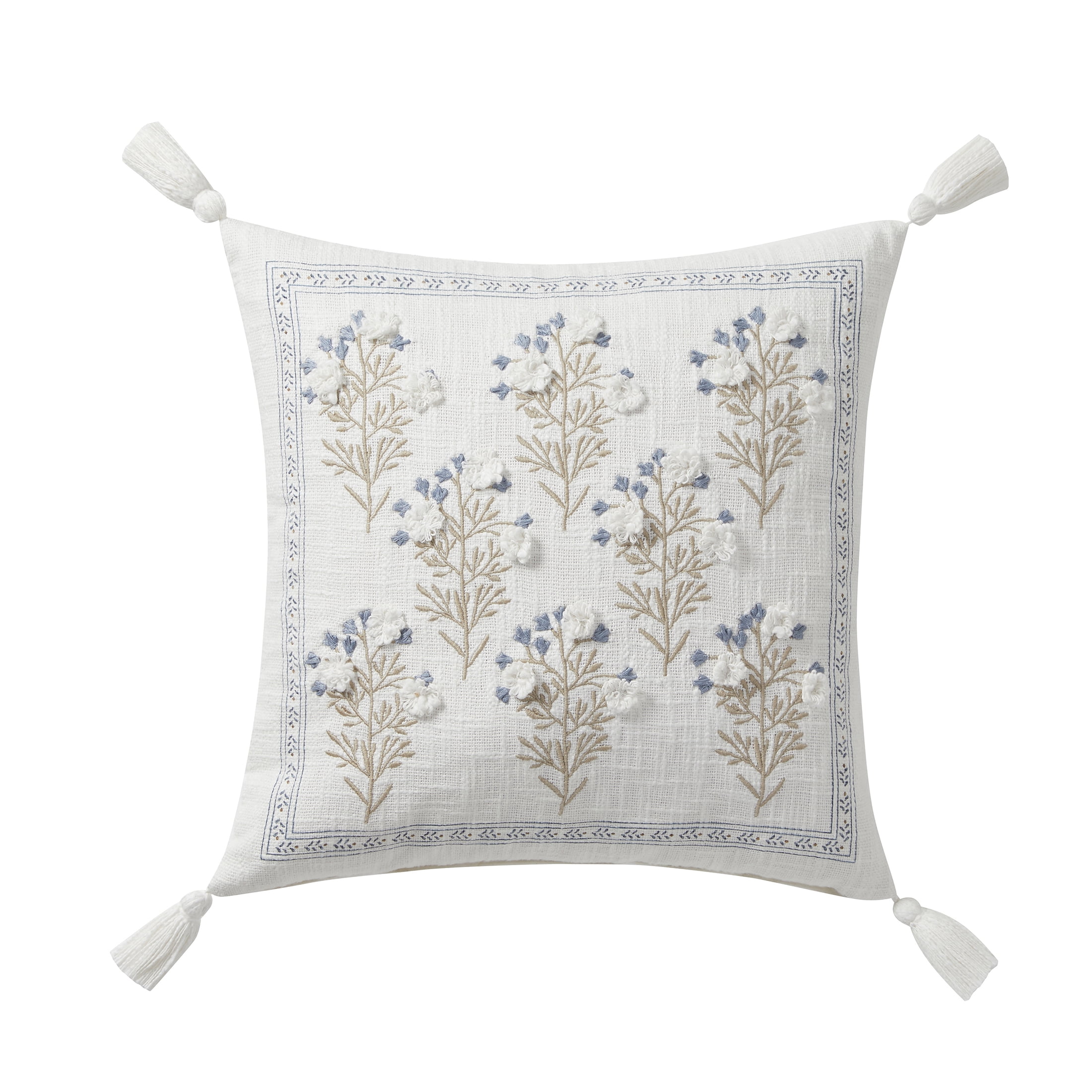 My Texas House 18" x 18" Ivory/Blue Hailey Floral Cotton Slub Decorative Pillow Cover - Walmart.com