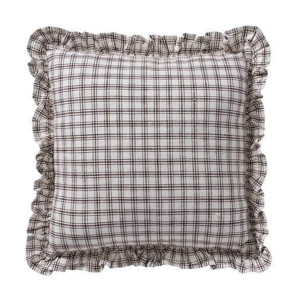 My Texas House 18" x 18" Ivory/Brown Ruffle Plaid Cotton Decorative Pillow