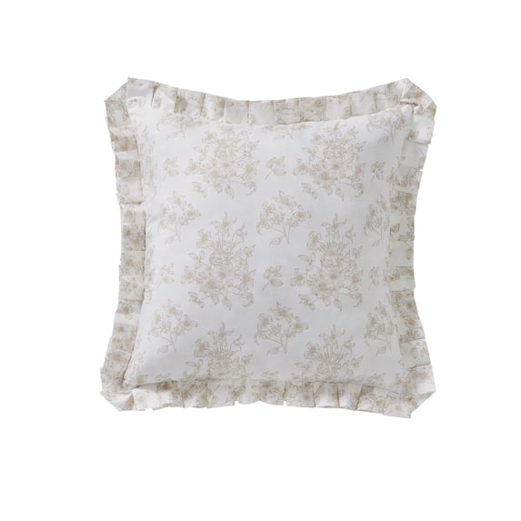 My Texas House Decorative Pillow, Floral Toile with Pleated Trim, White/Beige, 18 in x 18 in