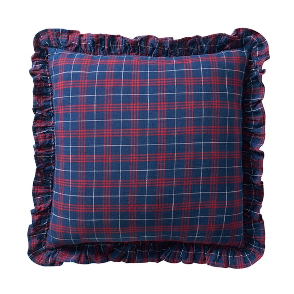 My Texas House 18"x18" Navy Ruffle Plaid Cotton Decorative Pillow