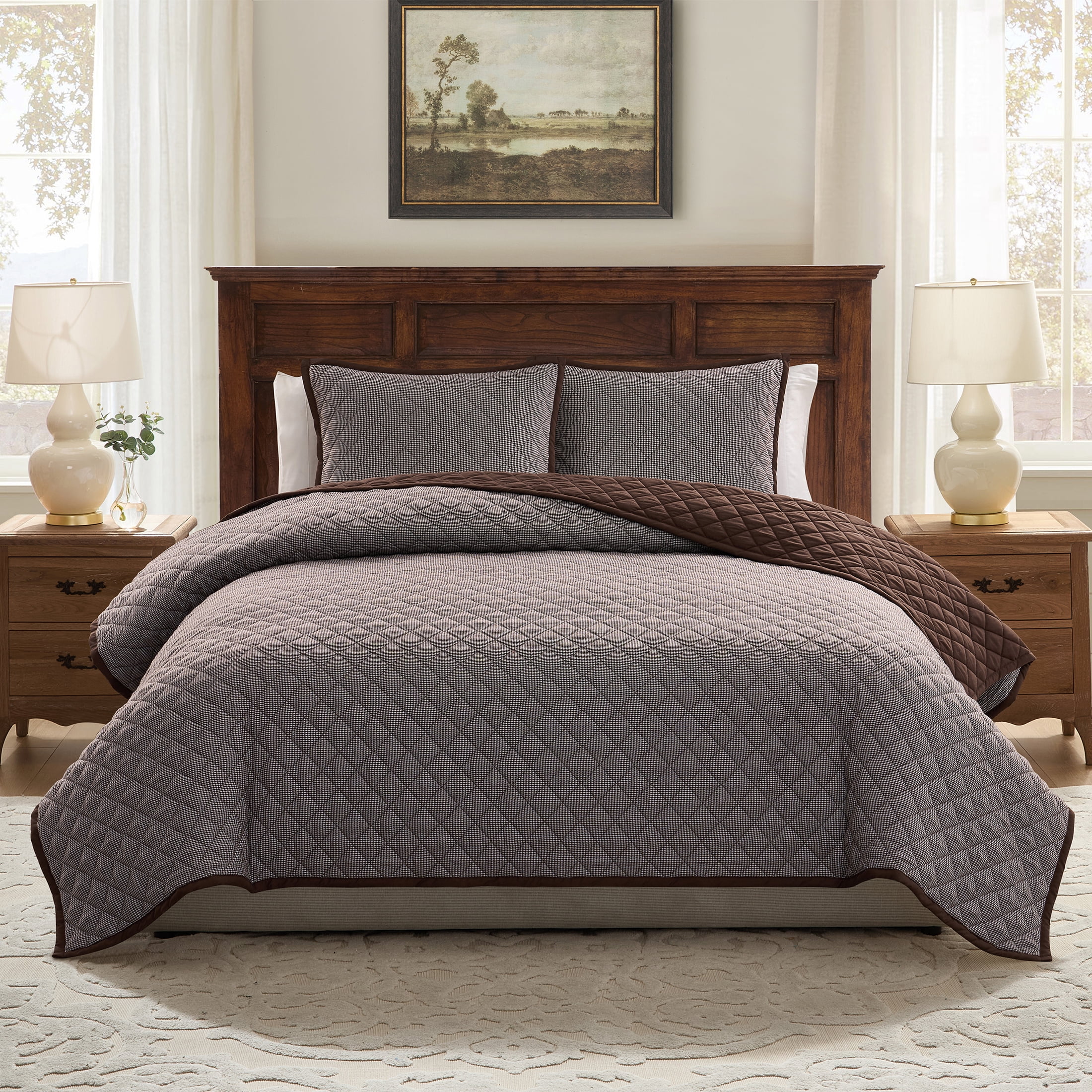 My Texas House Brown Houndstooth Cotton Quilt Set, 3-Piece, King