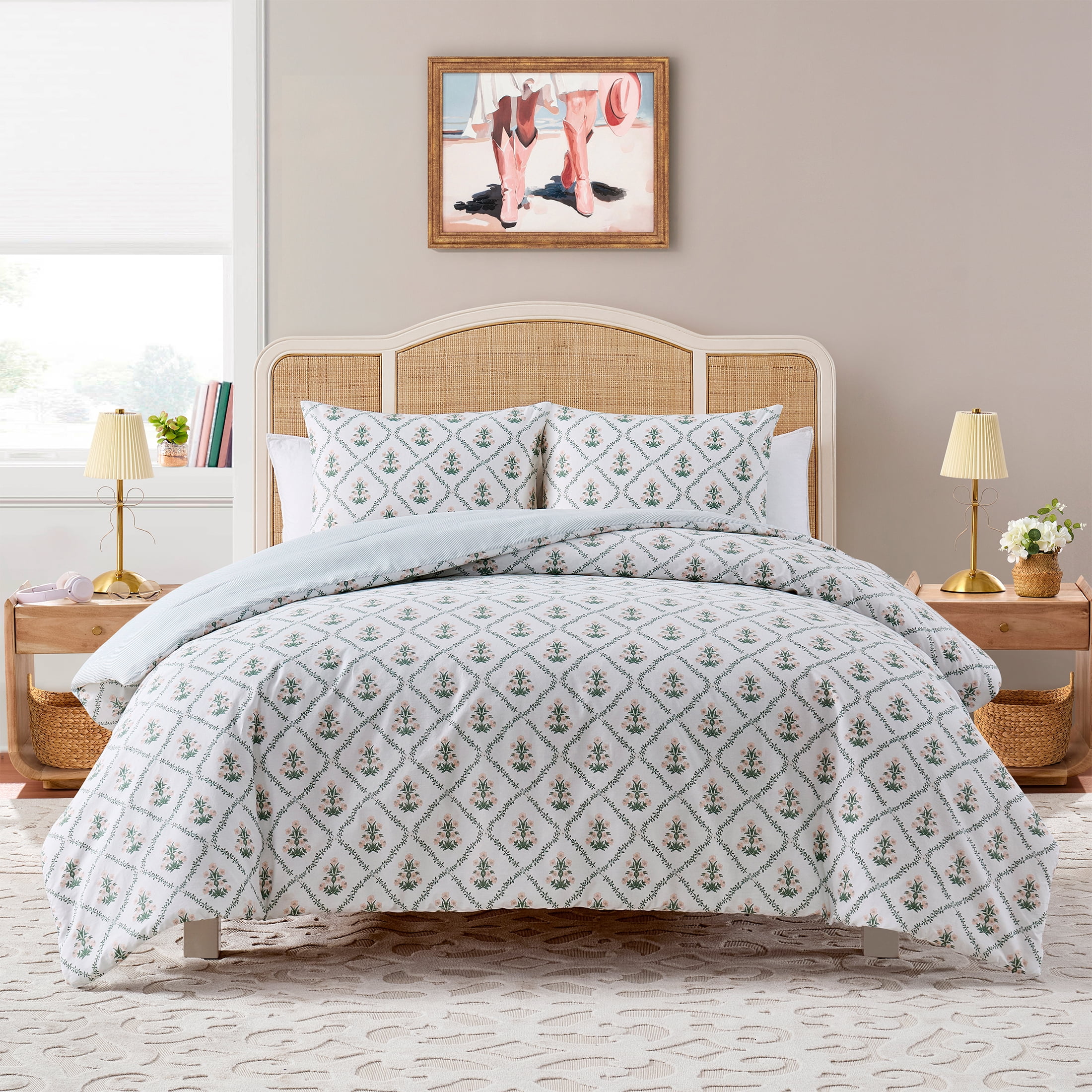 My Texas House Poppy Trellis 3-Piece Green/Pink Comforter Set, Full/Queen