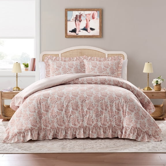 My Texas House 3-Piece Pink Floral Toile Comforter Set with Ruffle Flange, Full/Queen