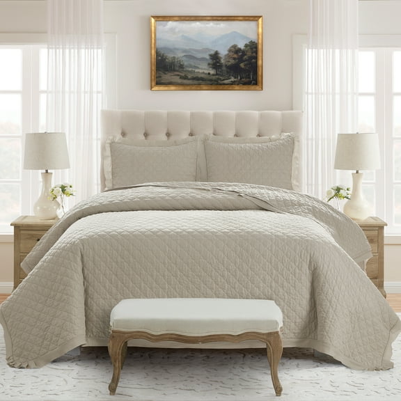 My Texas House Full/Queen Quilt Set, All-Season, 3-Piece, Beige Trellis