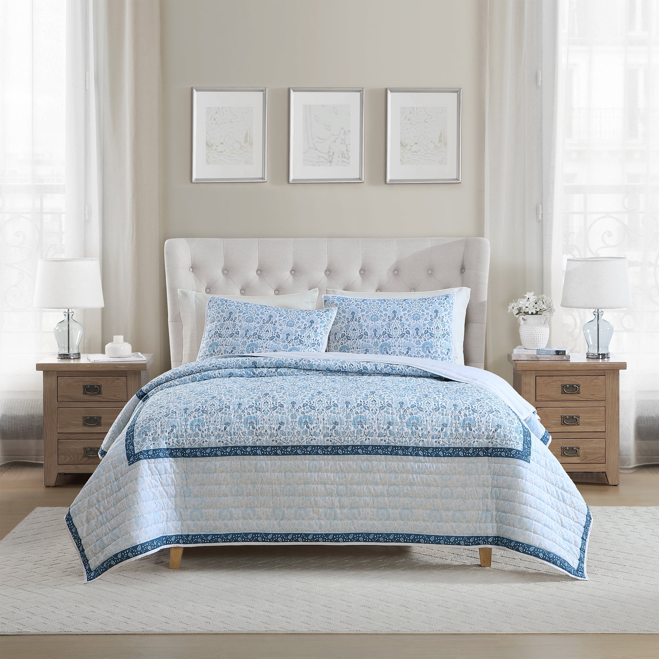 My Texas House Full/Queen Quilt Set, All-Season, 3-Piece, Blue Capri Jacobean Floral