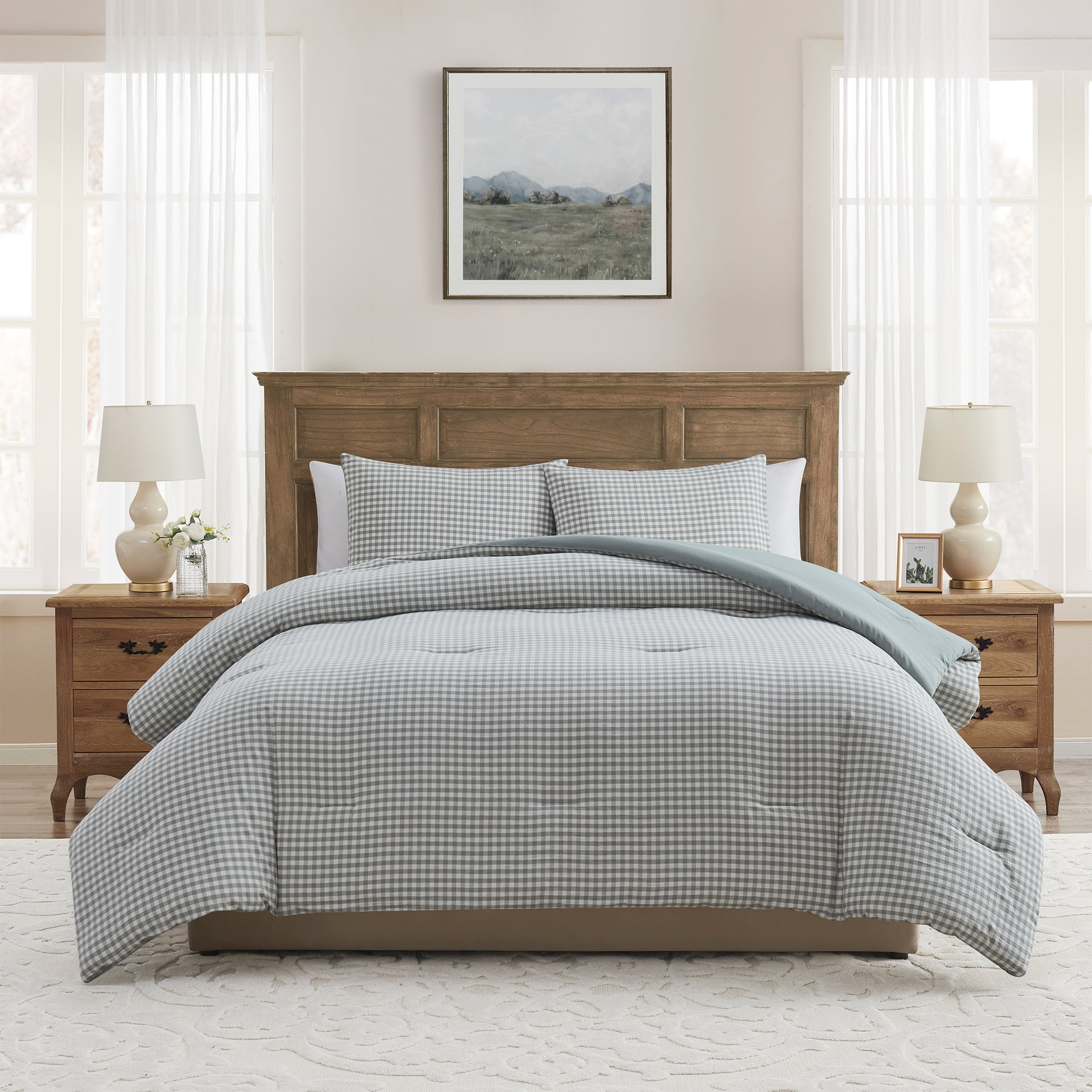 My Texas House Green Gingham 3-Piece Plaid Comforter Set, King - Walmart.com