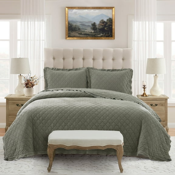 My Texas House Full/Queen Quilt Set, All-Season, 3-Piece, Sage Trellis