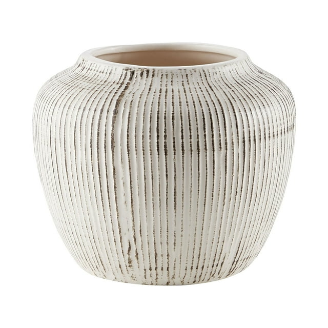 My Texas House 5" White Distressed Stripe Round Stoneware Vase