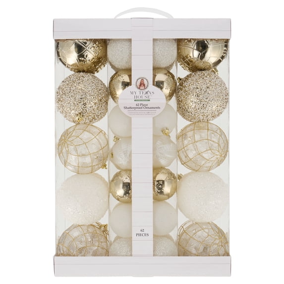 My Texas House 62-Count Gold and White Shatterproof Christmas Ornaments