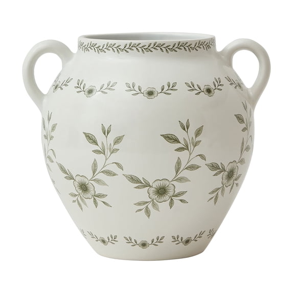 My Texas House 8" Green Double Handle Ceramic Floral Vase