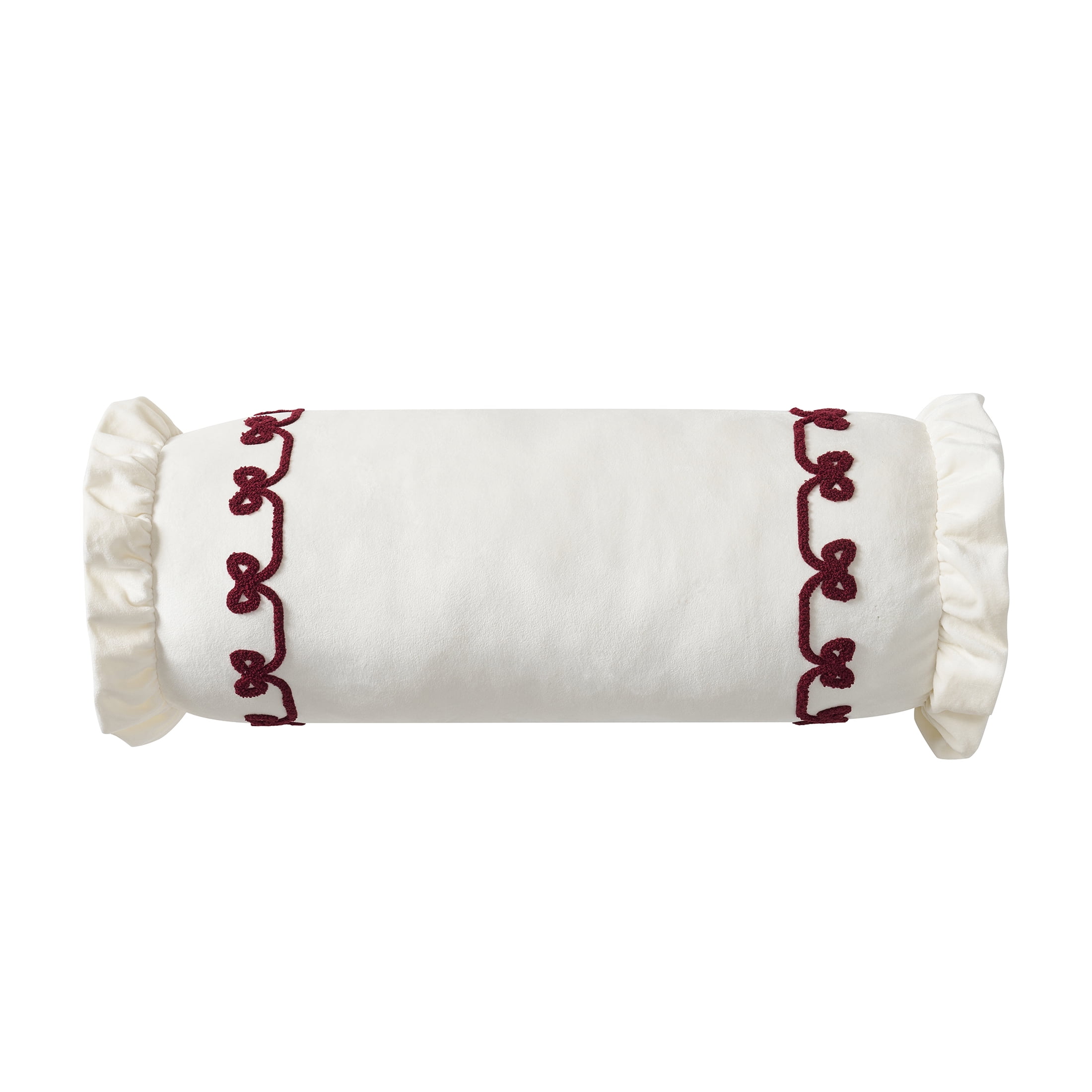 My Texas House 8" x 22" Ivory Velvet Ruffle Bolster Decorative Pillow