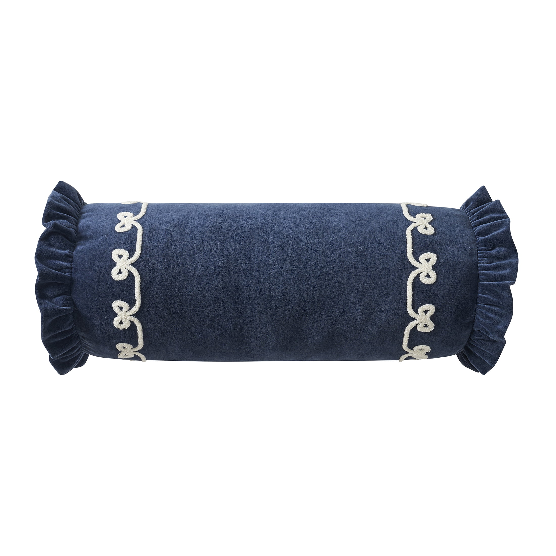 My Texas House 8" x 22" Navy Velvet Ruffle Bolster Decorative Pillow