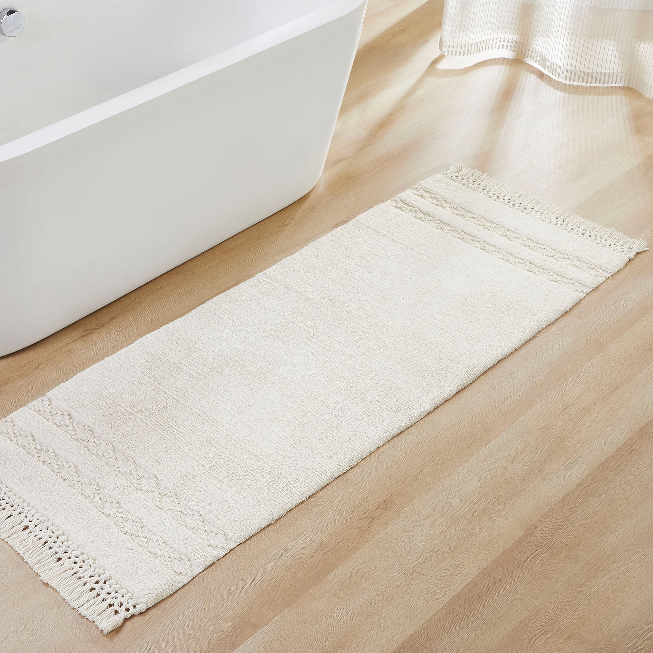 My Texas House Alice Stripe Macrame Cotton Bath Runner Ivory 24 x 60 ...