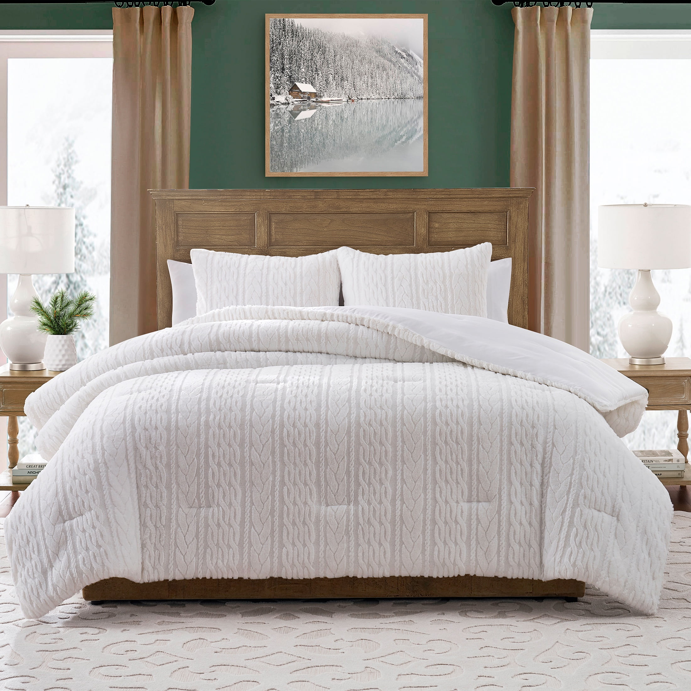 My Texas House Anabel Carved Fur 3 Piece White Faux Rabbit Fur Comforter Set Full Queen Walmart