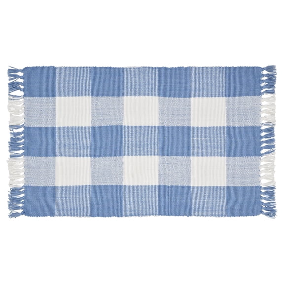 Gingham Fringe Indoor/Outdoor Layering Rug, Blue and White, 38" x 24",Easter by My Texas House