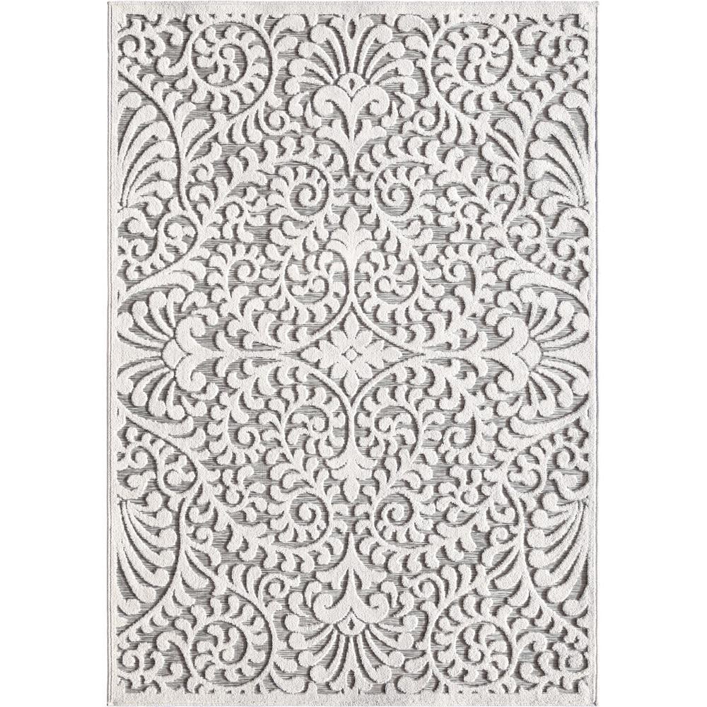 Natural Gray Floral Rectangular Synthetic Indoor/Outdoor Rug