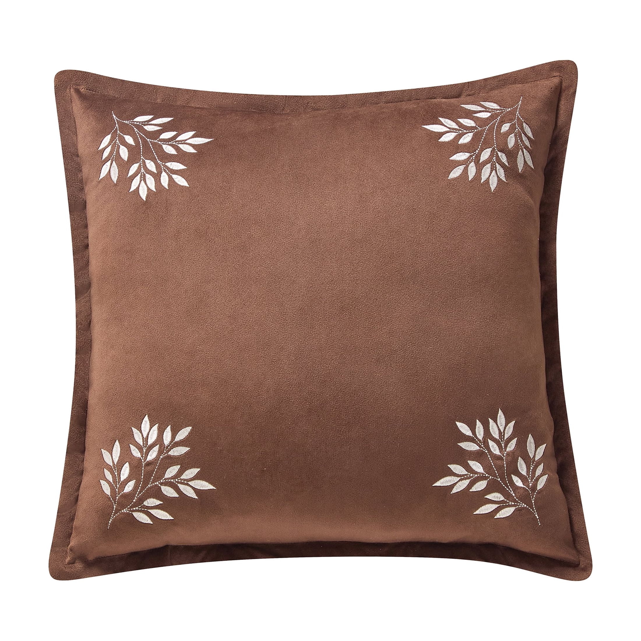 My Texas House 18 in x 18 in Brown Embroidered Leaves Velvet Decorative Pillow