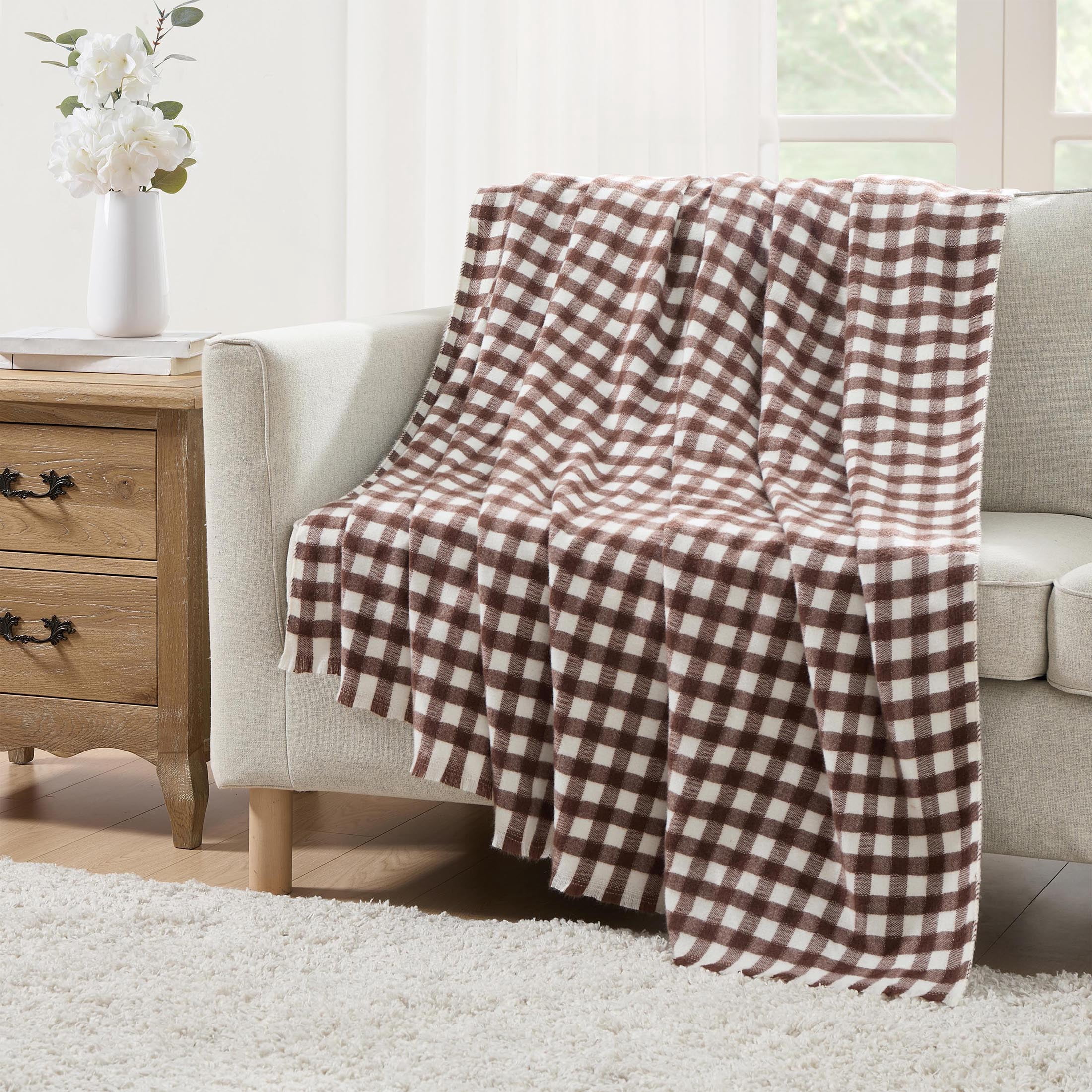 My Texas House Brown Woven Gingham Fringe Throw Blanket, 60 in x 80 in