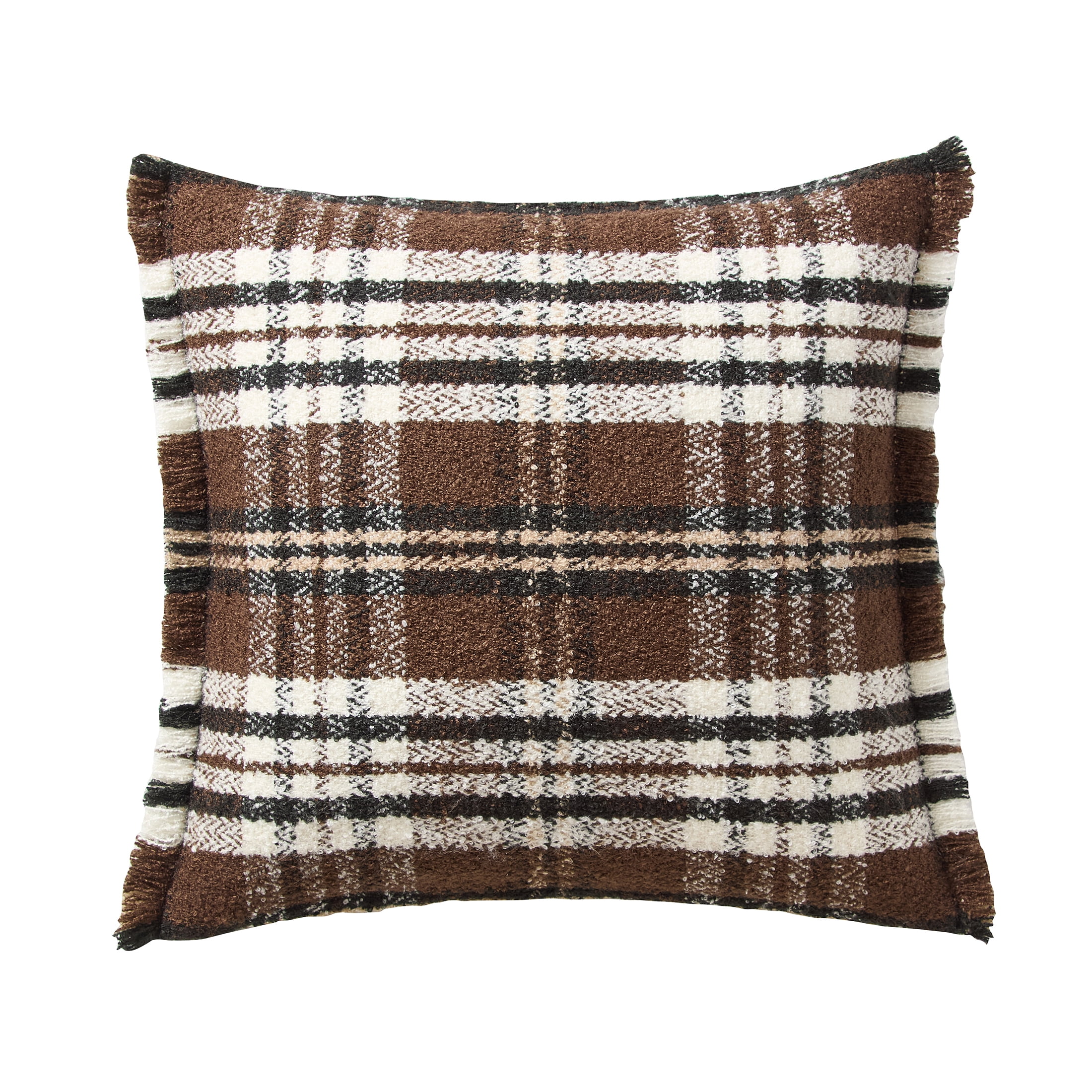 My Texas House 20" x 20" Brown Woven Plaid Fringe Decorative Pillow Cover