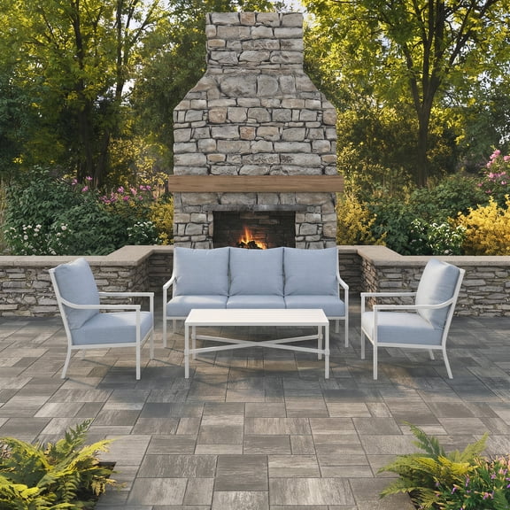 My Texas House Cambria 4-Piece Outdoor Patio Conversation Set, White/Blue