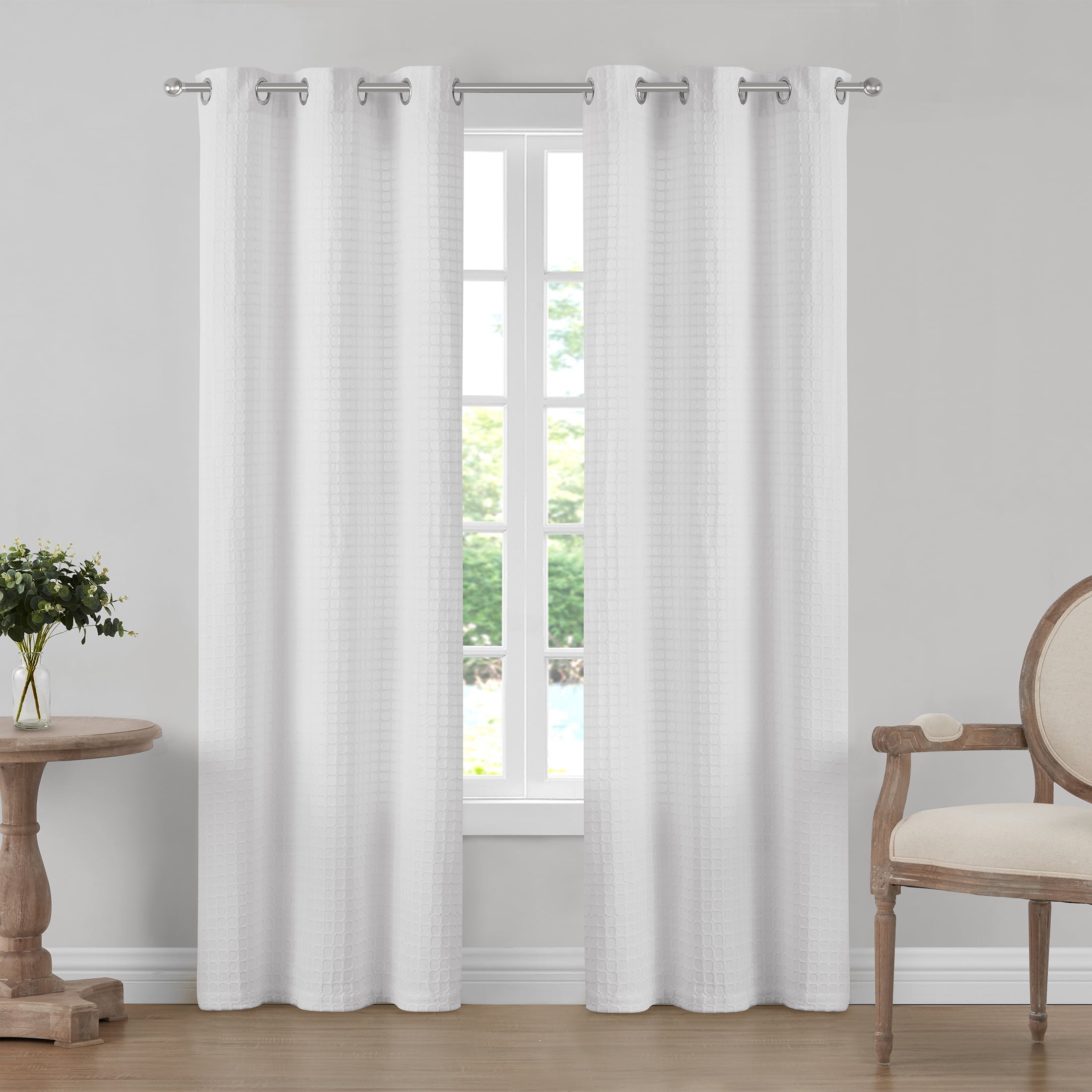My Texas House Campbell Light Filtering Grommet Curtain Panel, Set of Two, Bright White, 38" x 106"